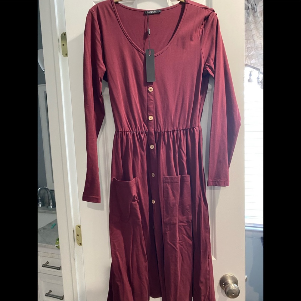 Midi-length, long sleeve wine dress with pockets